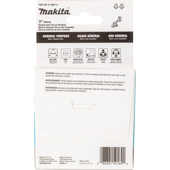 Makita (D - 74821 - 5) 3" INOX Thin Cut - Off Wheel - Pacific Power Tools