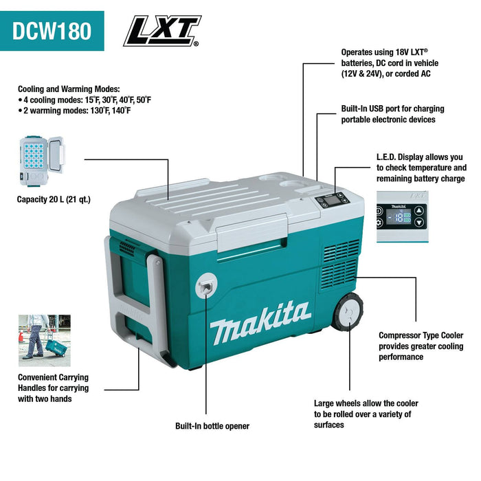 Makita (DCW180Z - R) 18V X2 LXT® Lithium - Ion, 12V/24V DC Auto, and AC Cooler/Warmer (Tool Only) (Factory Reconditioned) - Pacific Power Tools