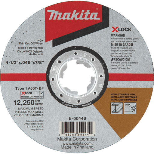 Makita (E - 00446) X - LOCK 4 - 1/2" x .045" x 7/8" Type 1 General Purpose Metal & Stainless Thin Cut - Off Wheel, 60 Grit - Pacific Power Tools