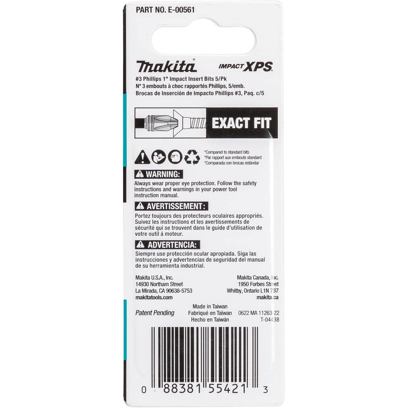 Makita (E - 00561) Impact XPS® 3 Phillips 1" Insert Bit, 5/pk - Pacific Power Tools