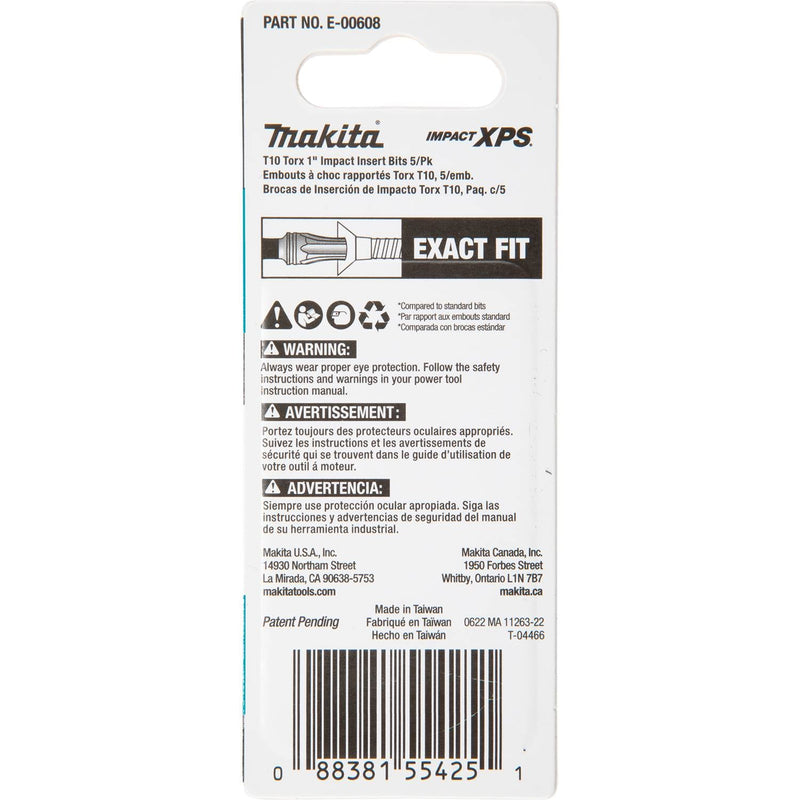 Makita (E - 00608) Impact XPS® T10 Torx 1" Insert Bit, 5/pk - Pacific Power Tools