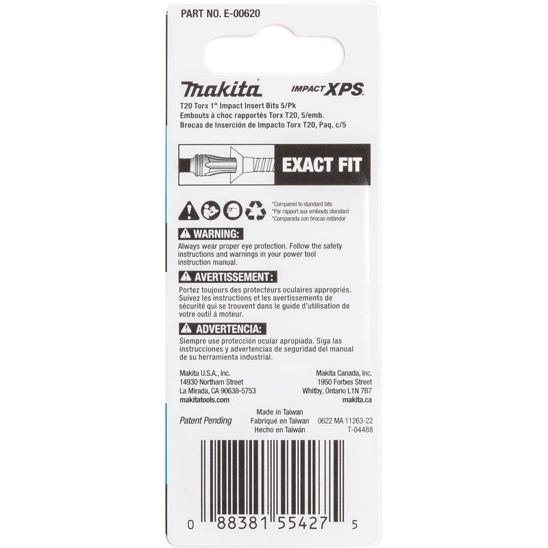 Makita (E - 00620) Impact XPS® T20 Torx 1" Insert Bit, 5/pk - Pacific Power Tools