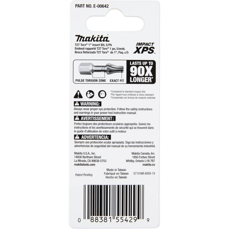 Makita (E - 00642) Impact XPS® T27 Torx 1" Insert Bit, 5/pk - Pacific Power Tools