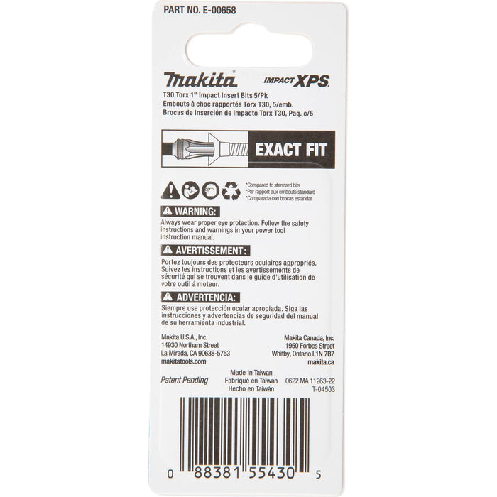 Makita (E - 00658) Impact XPS® T30 Torx 1" Insert Bit, 5/pk - Pacific Power Tools