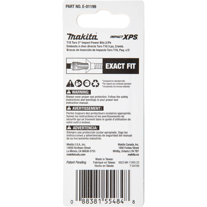 Makita (E - 01199) Impact XPS® T10 Torx 3" Power Bit, 2/pk - Pacific Power Tools
