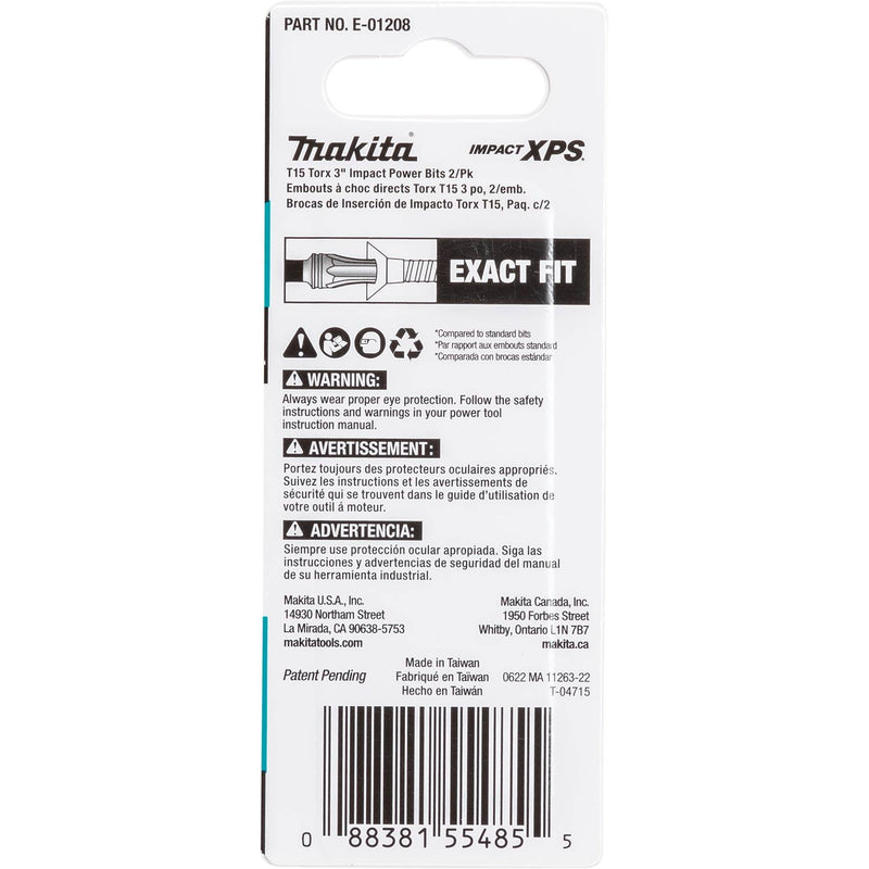Makita (E - 01208) Impact XPS® T15 Torx 3" Power Bit, 2/pk - Pacific Power Tools