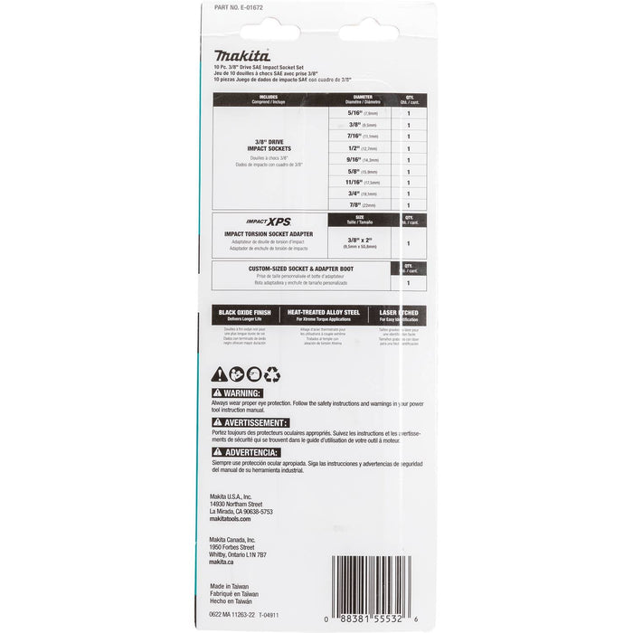 Makita (E - 01672) Impact XPS® 10 Pc. 3/8" Drive 6 - Point SAE Impact Socket Set w/ Standard Socket Adapter - Pacific Power Tools