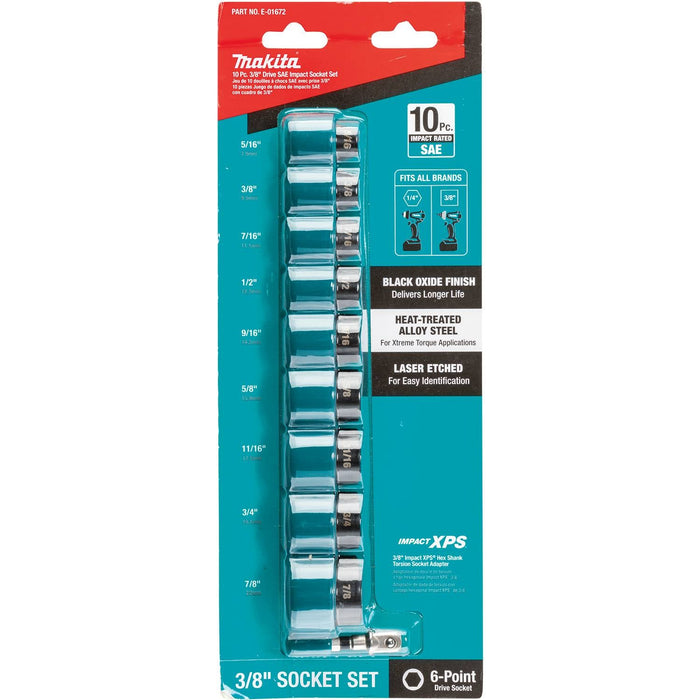 Makita (E - 01672) Impact XPS® 10 Pc. 3/8" Drive 6 - Point SAE Impact Socket Set w/ Standard Socket Adapter - Pacific Power Tools