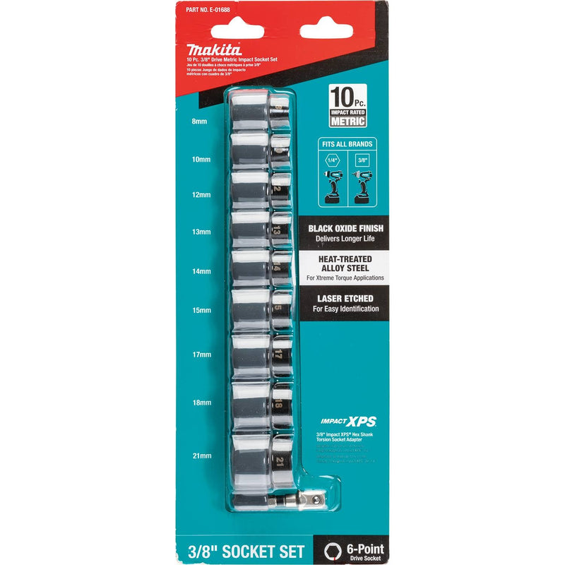 Makita (E - 01688) Impact XPS® 10 Pc. 3/8" Drive 6 - Point Metric Impact Socket Set w/ Standard Socket Adapter - Pacific Power Tools