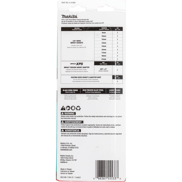 Makita (E - 01688) Impact XPS® 10 Pc. 3/8" Drive 6 - Point Metric Impact Socket Set w/ Standard Socket Adapter - Pacific Power Tools