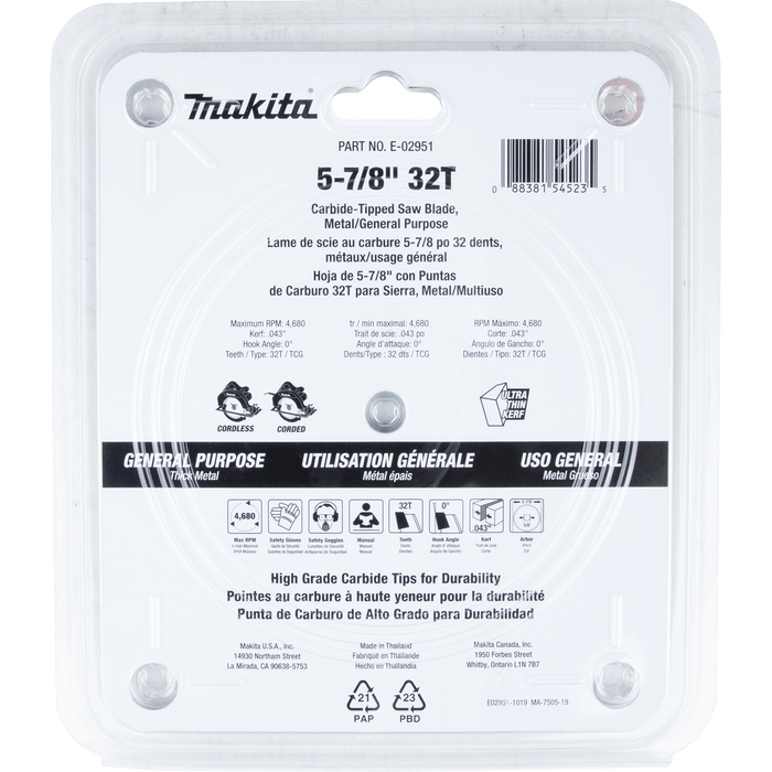 Makita (E - 02951) 5 - 7/8" 32T Carbide - Tipped Saw Blade, Metal/General Purpose - Pacific Power Tools