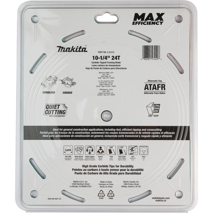 Makita (E - 07272) 10 - 1/4" 24T Carbide - Tipped Max Efficiency Thin Kerf Circular Saw Blade, Framing - Pacific Power Tools