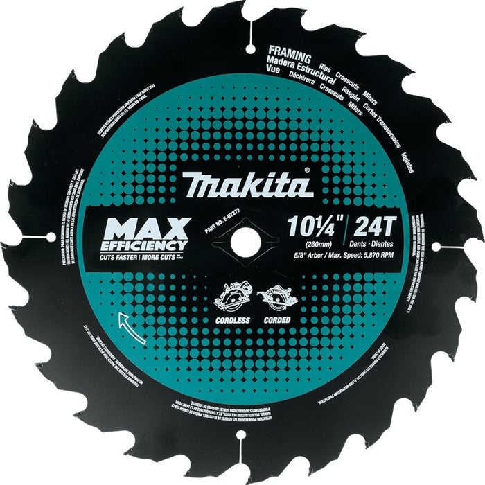 Makita (E - 07272) 10 - 1/4" 24T Carbide - Tipped Max Efficiency Thin Kerf Circular Saw Blade, Framing - Pacific Power Tools