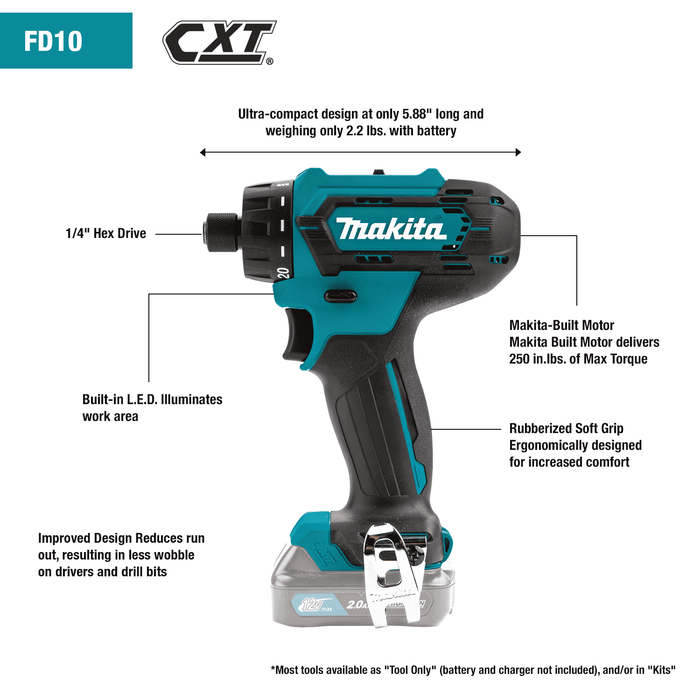 Makita (FD10R1) 12V max CXT® Lithium - Ion Cordless 1/4" Hex Screwdriver Kit, 2 - speed, var. spd., L.E.D. Light, case (2.0Ah) - Pacific Power Tools