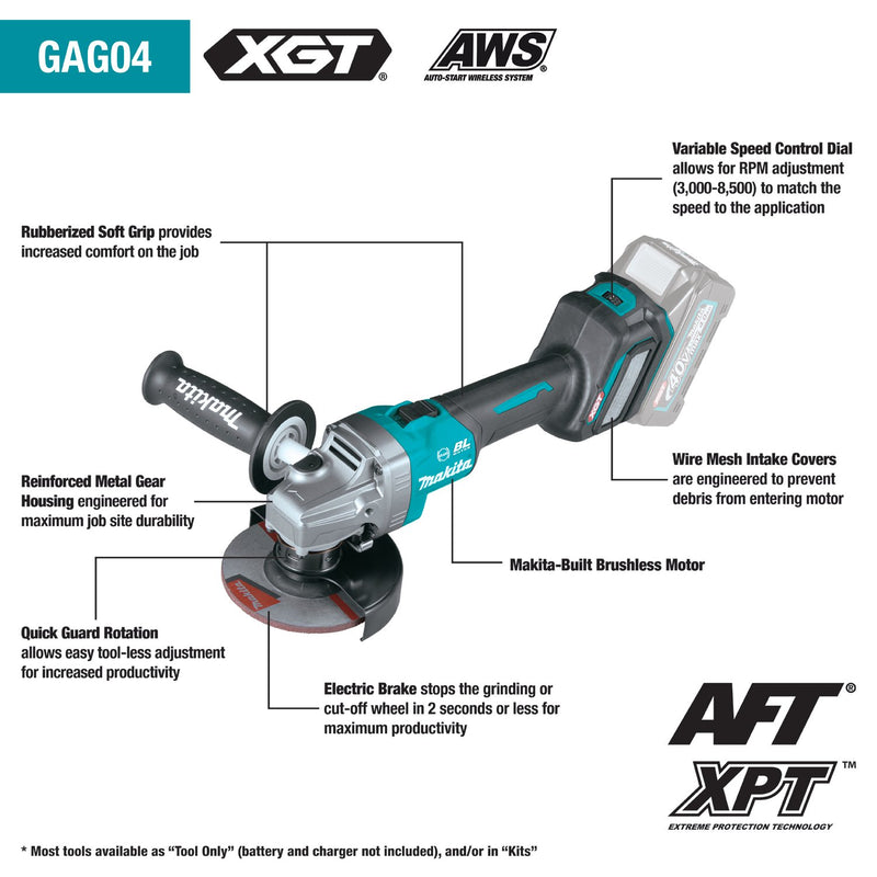 Makita (GAG04M1) 40V max XGT® Brushless 4‑1/2” / 5" Angle Grinder Kit, w/Electric Brake, AWS® Capable (4.0Ah) - Pacific Power Tools