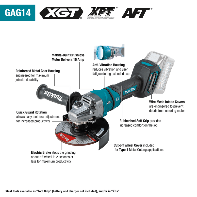 Makita (GAG14M1) 40V max XGT® Brushless Cordless 4 - 1/2” / 6" Paddle Switch Angle Grinder Kit, electric brake, no lock - off, lock - on, bag, with one battery (4.0Ah) - Pacific Power Tools