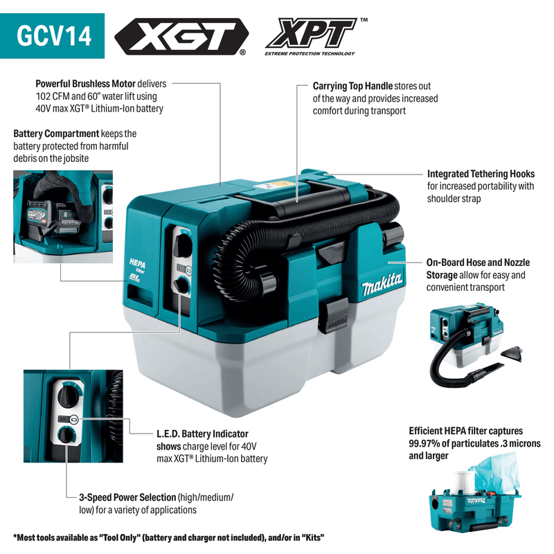 Makita (GCV14Z) 40V max XGT® Brushless 2 Gallon HEPA Filter Portable Wet/Dry Dust Extractor/Vacuum (Tool Only) - Pacific Power Tools