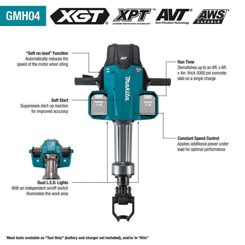 Makita (GMH04PL4X) 80V max (40V max X2) XGT® Brushless 70 lb. 1‑1/8" Hex AVT® Breaker Hammer Kit, AWS® Capable (8.0Ah) - Pacific Power Tools
