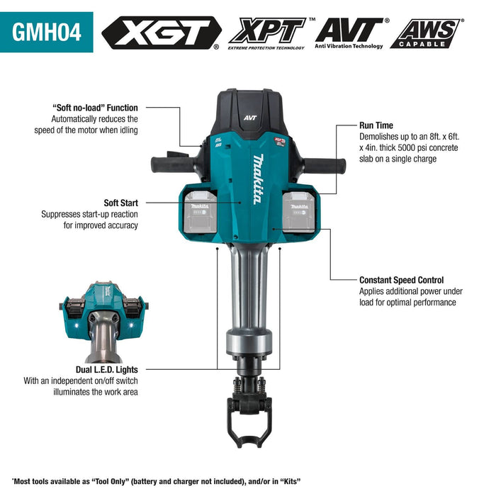 Makita (GMH04PL4X) 80V max (40V max X2) XGT® Brushless 70 lb. 1‑1/8" Hex AVT® Breaker Hammer Kit, AWS® Capable (8.0Ah) - Pacific Power Tools