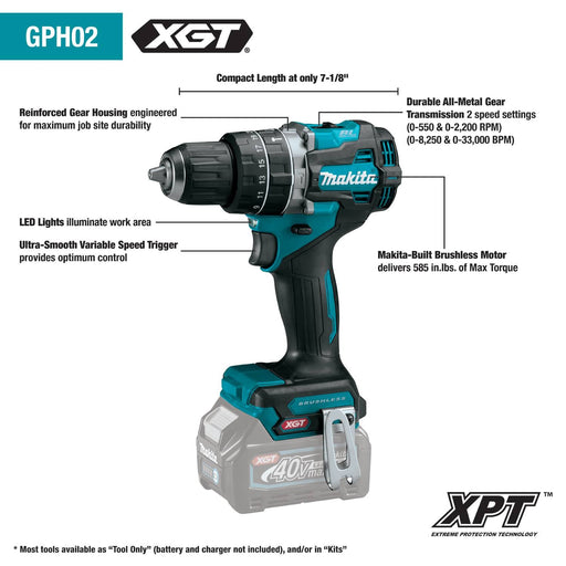 Makita (GPH02Z) 40V max XGT® Compact Brushless 1/2" Hammer Driver‑Drill, Tool Only - Pacific Power Tools