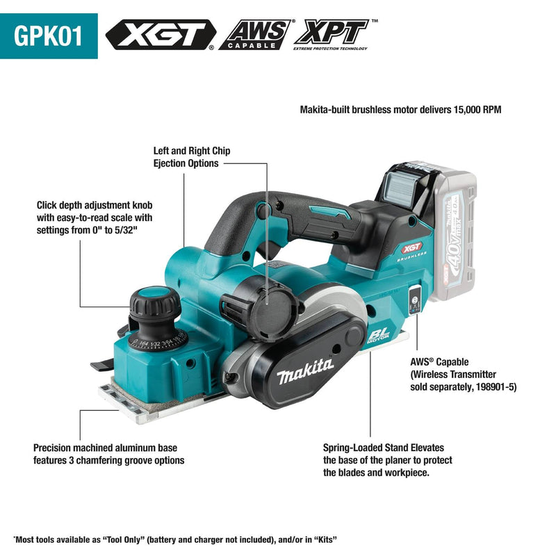 Makita (GPK01M1) 40V max XGT® Brushless 3 - 1/4" Planer Kit, AWS® Capable (4.0Ah) - Pacific Power Tools
