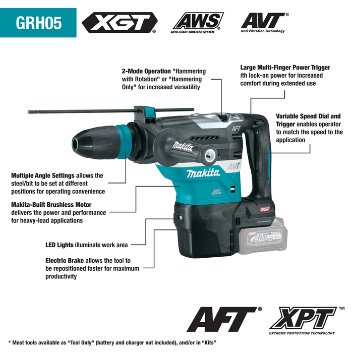 Makita (GRH05M1) 40V max XGT® Brushless 1 - 9/16" AVT® Rotary Hammer Kit, accepts SDS - MAX bits, AFT®, AWS® Capable, case, with one battery (4.0Ah) - Pacific Power Tools