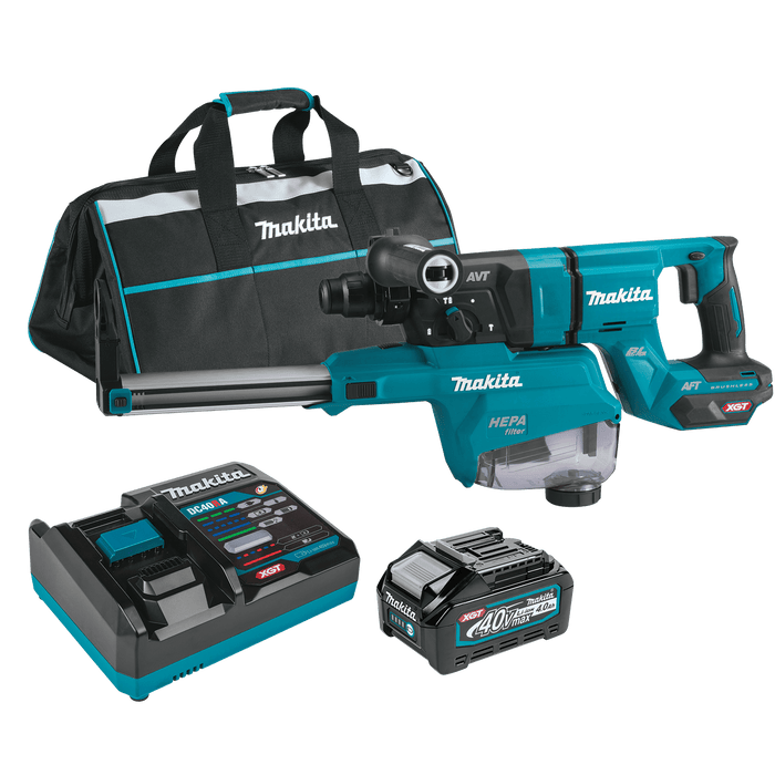 Makita (GRH07M1W) 40V max XGT® Brushless 1 - 1/8" SDS - PLUS AVT® Rotary Hammer (D - Handle) Kit w/ Dust Extractor, AFT®, AWS® Capable (4.0Ah) - Pacific Power Tools