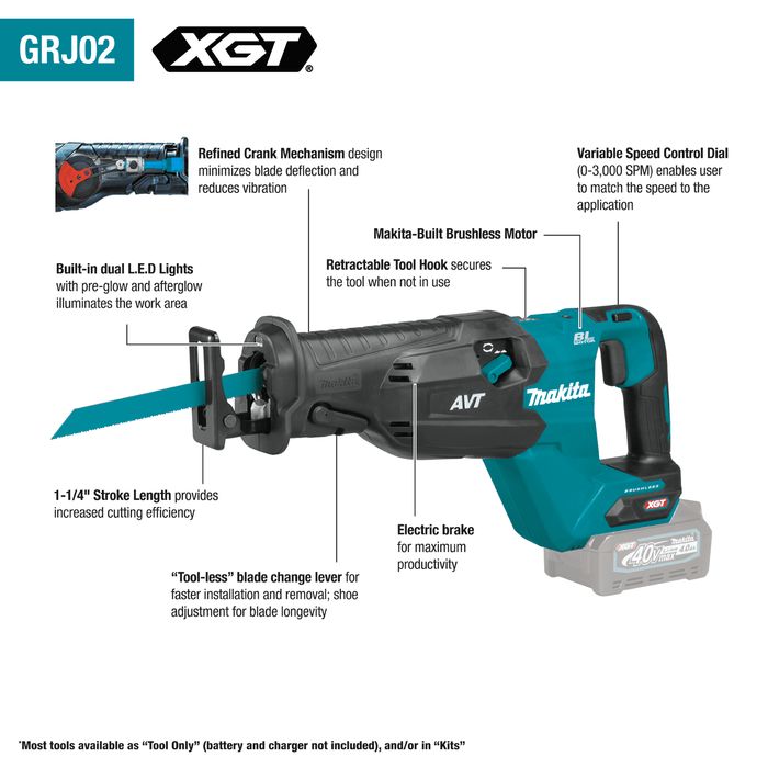 Makita (GRJ02Z) 40V max XGT® Brushless AVT® Orbital Recipro Saw (Tool Only) - Pacific Power Tools