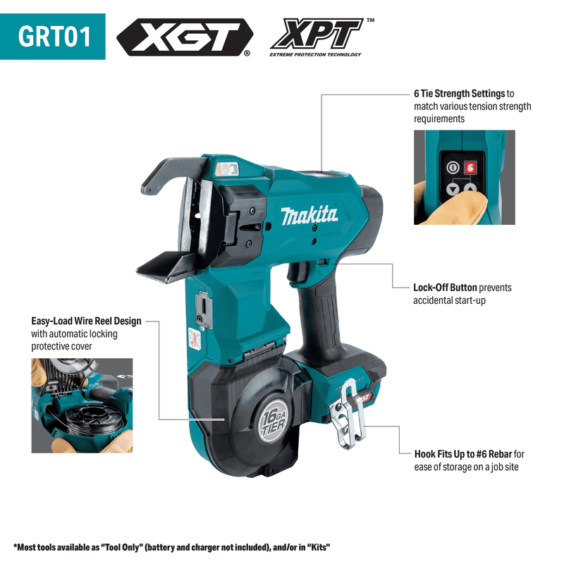 Makita (GRT01D) 40V max XGT® Brushless 16 Gauge Rebar Tying Tool Kit, with bag (2.5 Ah) - Pacific Power Tools