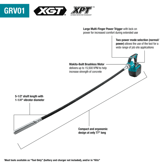 Makita (GRV01M1) 40V max XGT 5.6' Concrete Vibrator 1‑1/4" Kit - Pacific Power Tools