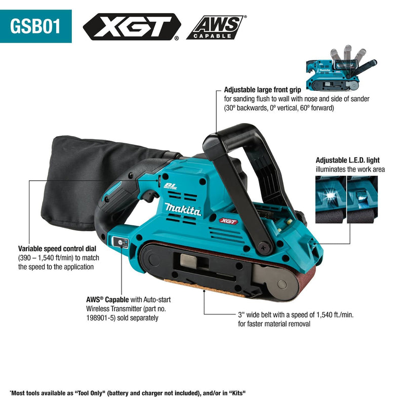 Makita (GSB01Z) 40V max XGT® Brushless 3" x 21" Belt Sander, AWS® Capable (Tool Only) - Pacific Power Tools