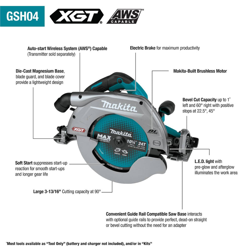 Makita (GSH04Z) 40V max XGT® Brushless 10 - 1/4" Circular Saw, Guide Rail Compatible Base, AWS® Capable (Tool Only) - Pacific Power Tools