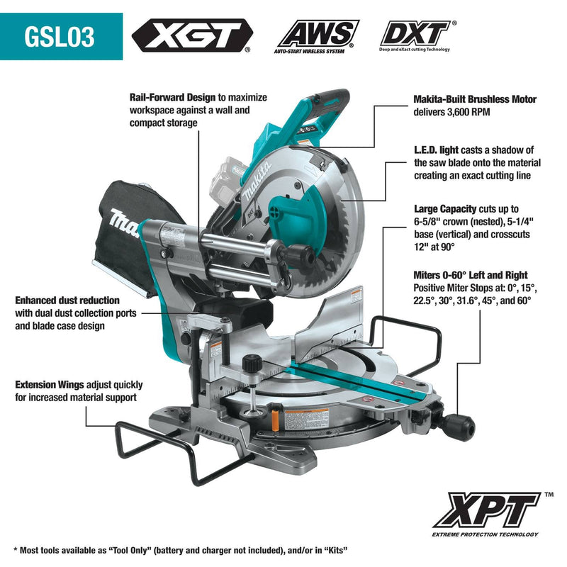 Makita (GSL03Z) 40V max XGT® Brushless 10" Dual - Bevel Sliding Compound Miter Saw (Tool Only) - Pacific Power Tools