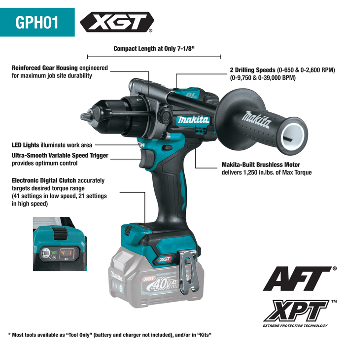 Makita (GT401M1D1) 40V max XGT® Brushless Cordless 4 Pc. Combo Kit, GPH01, GDT01, GRJ01, ML001G, bag (2.5Ah/4.0Ah) - Pacific Power Tools