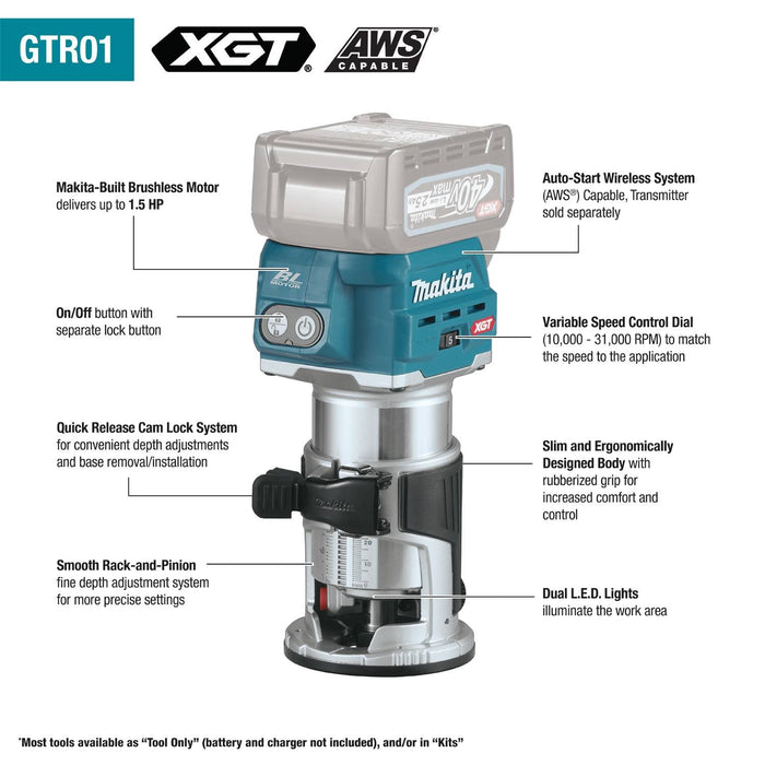 Makita (GTR01D1) 40V max XGT® Brushless Compact Router Kit (2.5Ah) - Pacific Power Tools