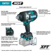 Makita (GWT01D) 40V max XGT® Brushless 4 - Speed High - Torque 3/4" Sq. Drive Impact Wrench Kit w/ Friction Ring Anvil (2.5Ah) - Pacific Power Tools