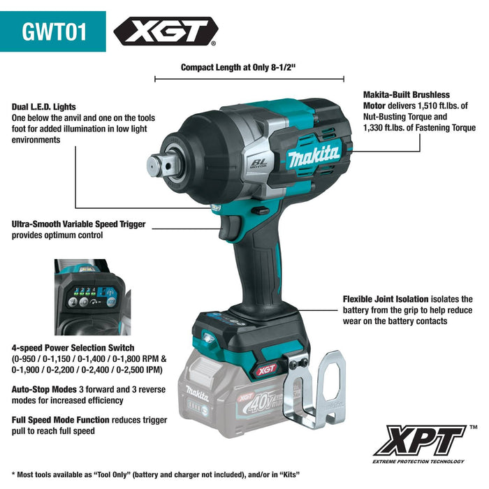 Makita (GWT01D) 40V max XGT® Brushless 4 - Speed High - Torque 3/4" Sq. Drive Impact Wrench Kit w/ Friction Ring Anvil (2.5Ah) - Pacific Power Tools