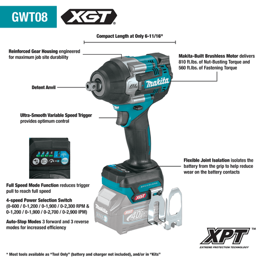 Makita (GWT08Z) 40V max XGT® Brushless 4 - Speed Mid - Torque 1/2" Sq. Drive Impact Wrench w/ Detent Anvil (Tool Only) - Pacific Power Tools