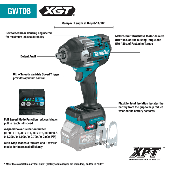 Makita (GWT08Z) 40V max XGT® Brushless 4 - Speed Mid - Torque 1/2" Sq. Drive Impact Wrench w/ Detent Anvil (Tool Only) - Pacific Power Tools