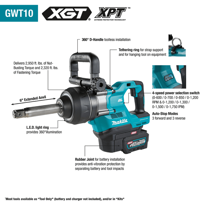 Makita (GWT10T) 40V max XGT® Brushless 4‑Sp. High‑Torque 1" Sq. Drive D‑Handle Extended Anvil Impact Wrench kit w/ Friction Ring (5.0Ah) - Pacific Power Tools