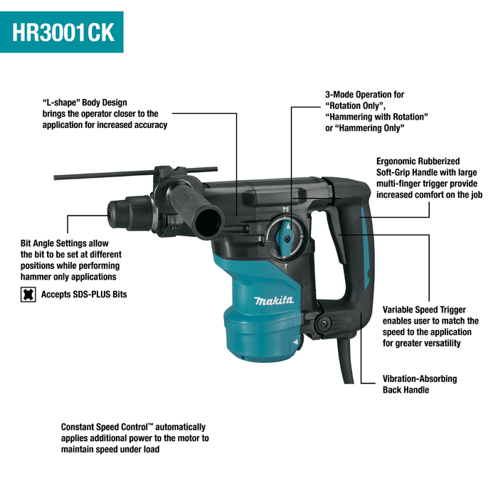 Makita (HR3001CK) 1 - 3/16" Rotary Hammer, accepts SDS - PLUS bits, 3 - mode, var. spd., case - Pacific Power Tools