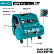 Makita (MAC210Q - R) Quiet Series 1 HP, 2 Gallon, Oil - Free, Electric Air Compressor (Factory Reconditioned) - Pacific Power Tools