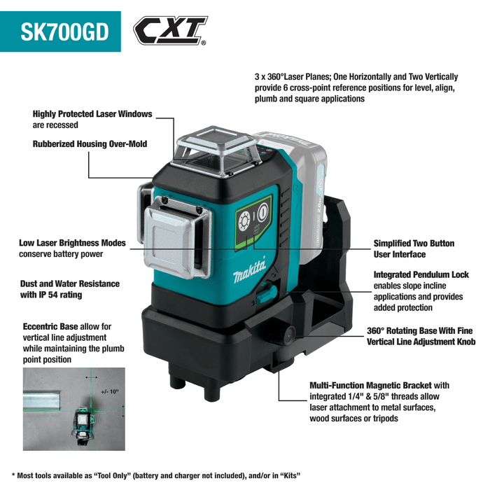 Makita (SK700GD) 12V max CXT® Lithium - Ion Cordless Self - Leveling 360° 3 - Plane Green Laser (Tool Only) - Pacific Power Tools