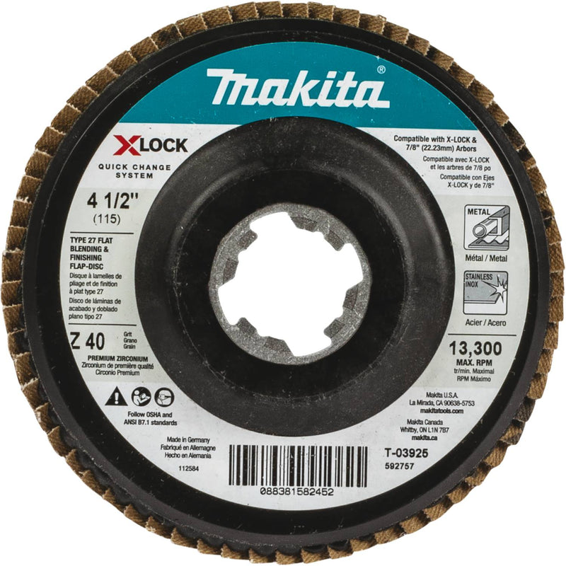 Makita (T - 03925) X - LOCK 4‑1/2" 40 Grit Type 27 Flat Flap Disc - Pacific Power Tools