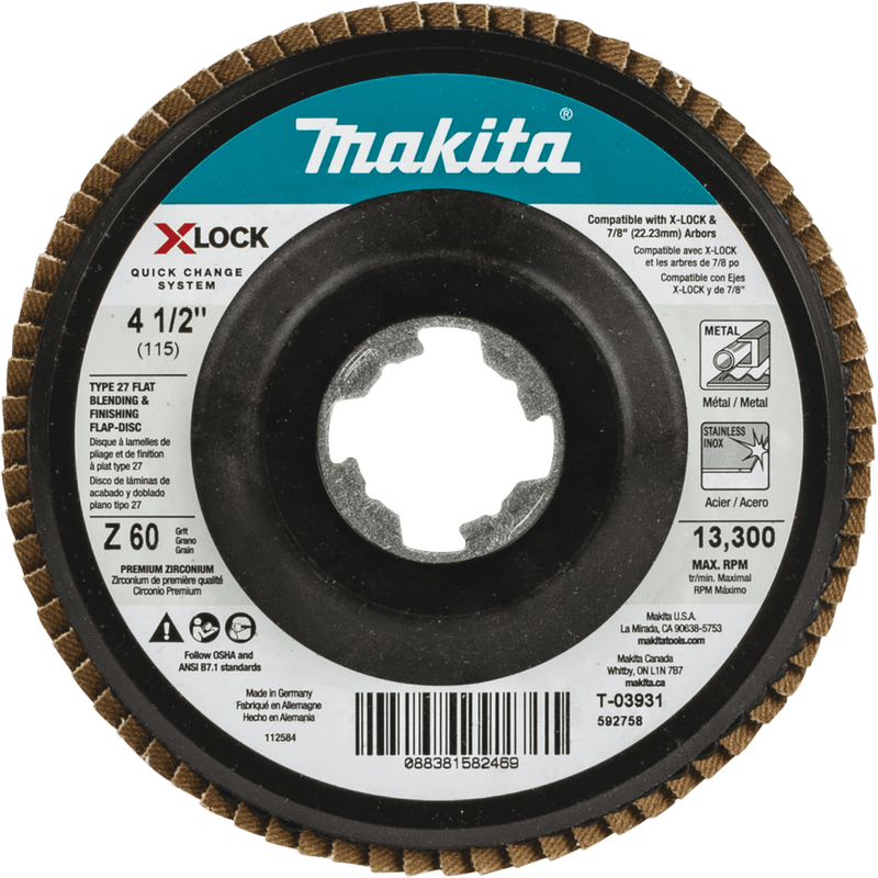Makita (T - 03931) X - LOCK 4 - 1/2" Type 27 Flat Flap Disc, 60 Grit - Pacific Power Tools