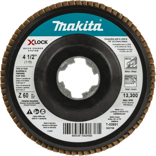 Makita (T - 03931) X - LOCK 4 - 1/2" Type 27 Flat Flap Disc, 60 Grit - Pacific Power Tools