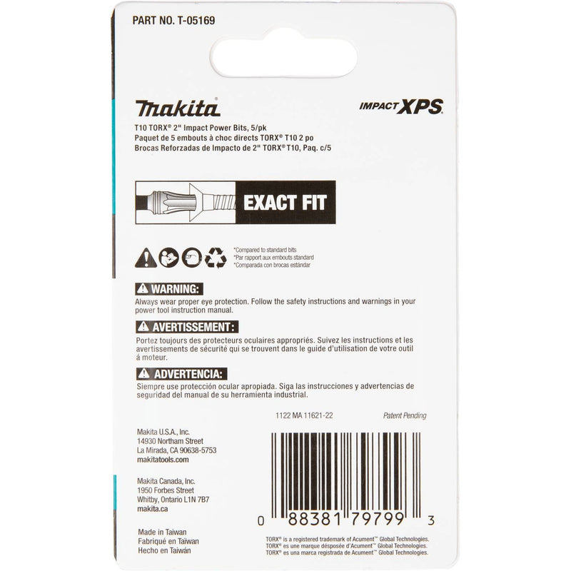 Makita (T - 05169) Impact XPS® T10 Torx 2" Power Bit, 5/pk - Pacific Power Tools