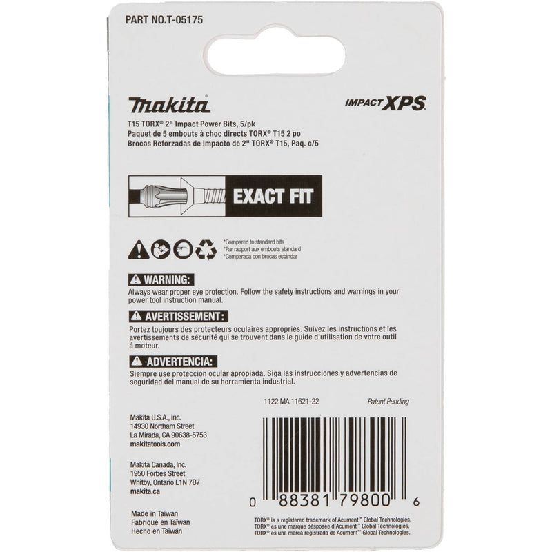 Makita (T - 05175) Impact XPS® T15 Torx 2" Power Bit, 5/pk - Pacific Power Tools