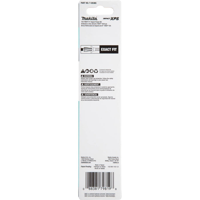 Makita (T - 05365) Impact XPS® T25 Torx 6" Power Bit - Pacific Power Tools