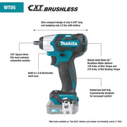 Makita (WT05Z - R) 12V max CXT® Lithium - Ion Brushless 3/8" Sq. Drive Impact Wrench (Tool Only) - Pacific Power Tools